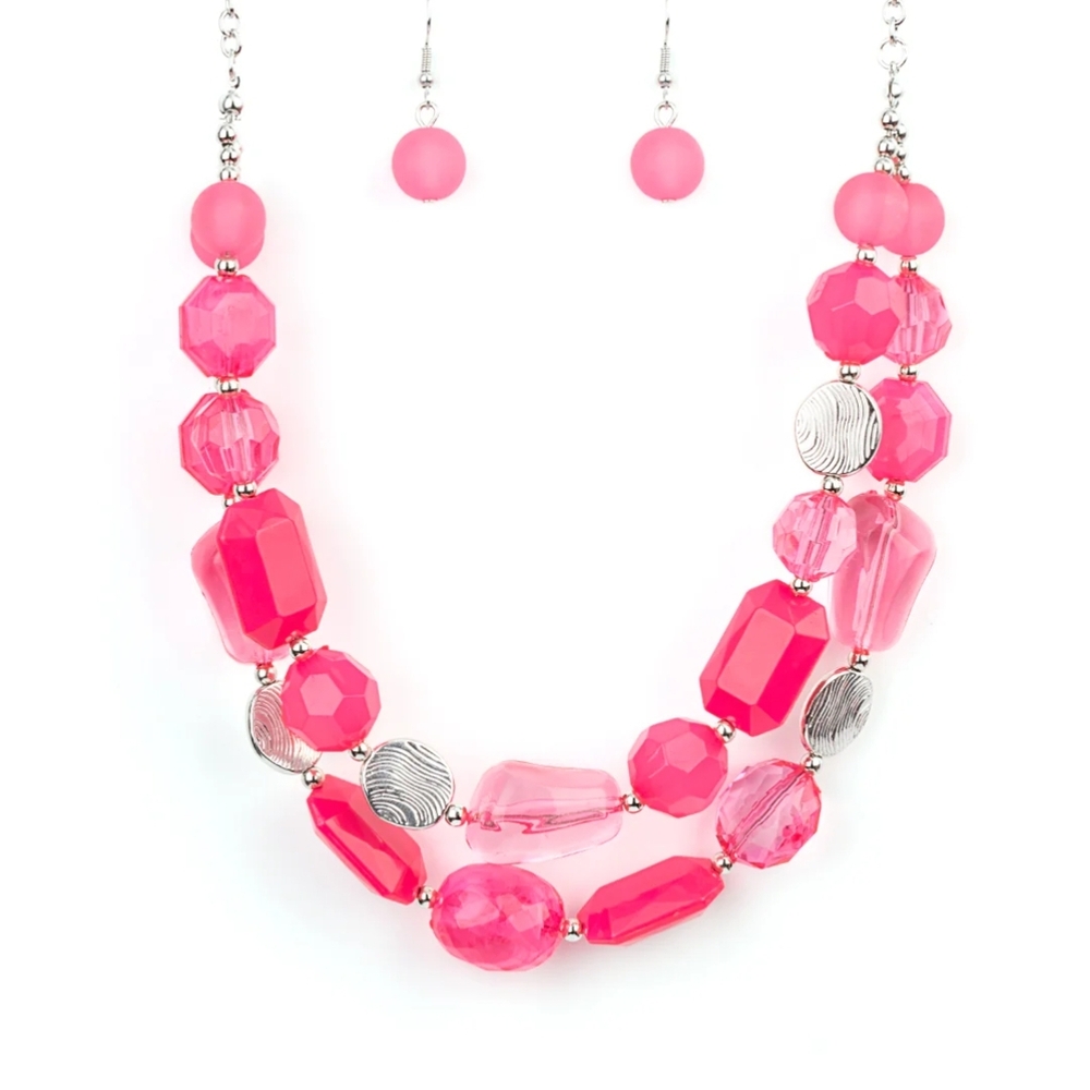 Paparazzi Pink Beaded Necklace Set with Silver Accents Oceanic Opulence Fashion
